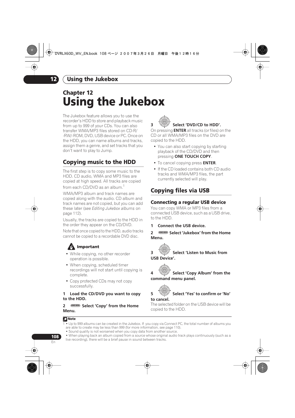 12 using the jukebox, Copying music to the hdd, Copying files via usb | Using the jukebox, Using the jukebox 12, Chapter 12 | Pioneer DVR-LX60D User Manual | Page 108 / 160