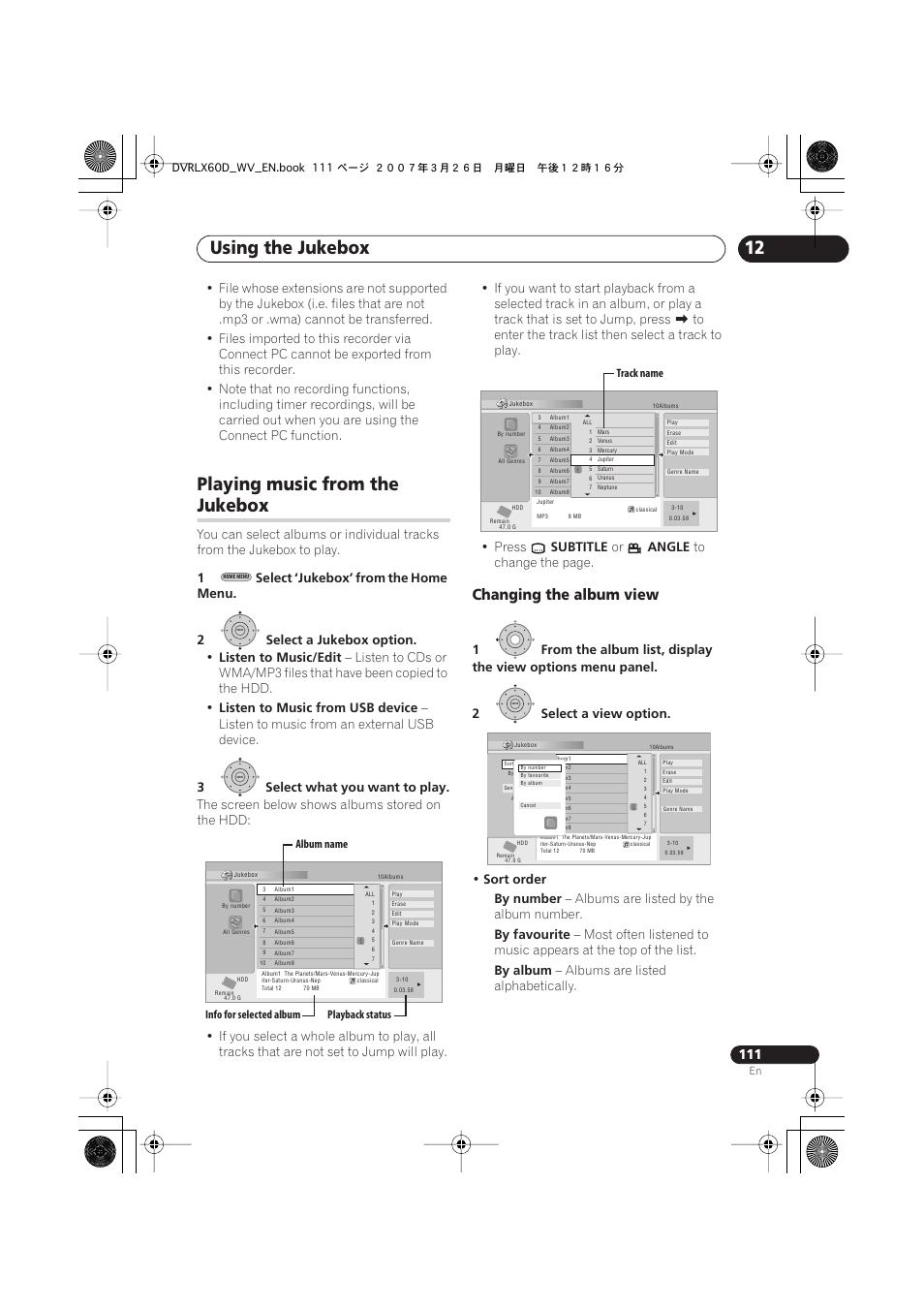 Playing music from the jukebox, Using the jukebox, Playing music from the | Jukebox, Changing the album view, Listen to music/edit, Listen to music from usb device, Listen to music from an external usb device, 3select what you want to play, Subtitle | Pioneer DVR-LX60D User Manual | Page 111 / 160