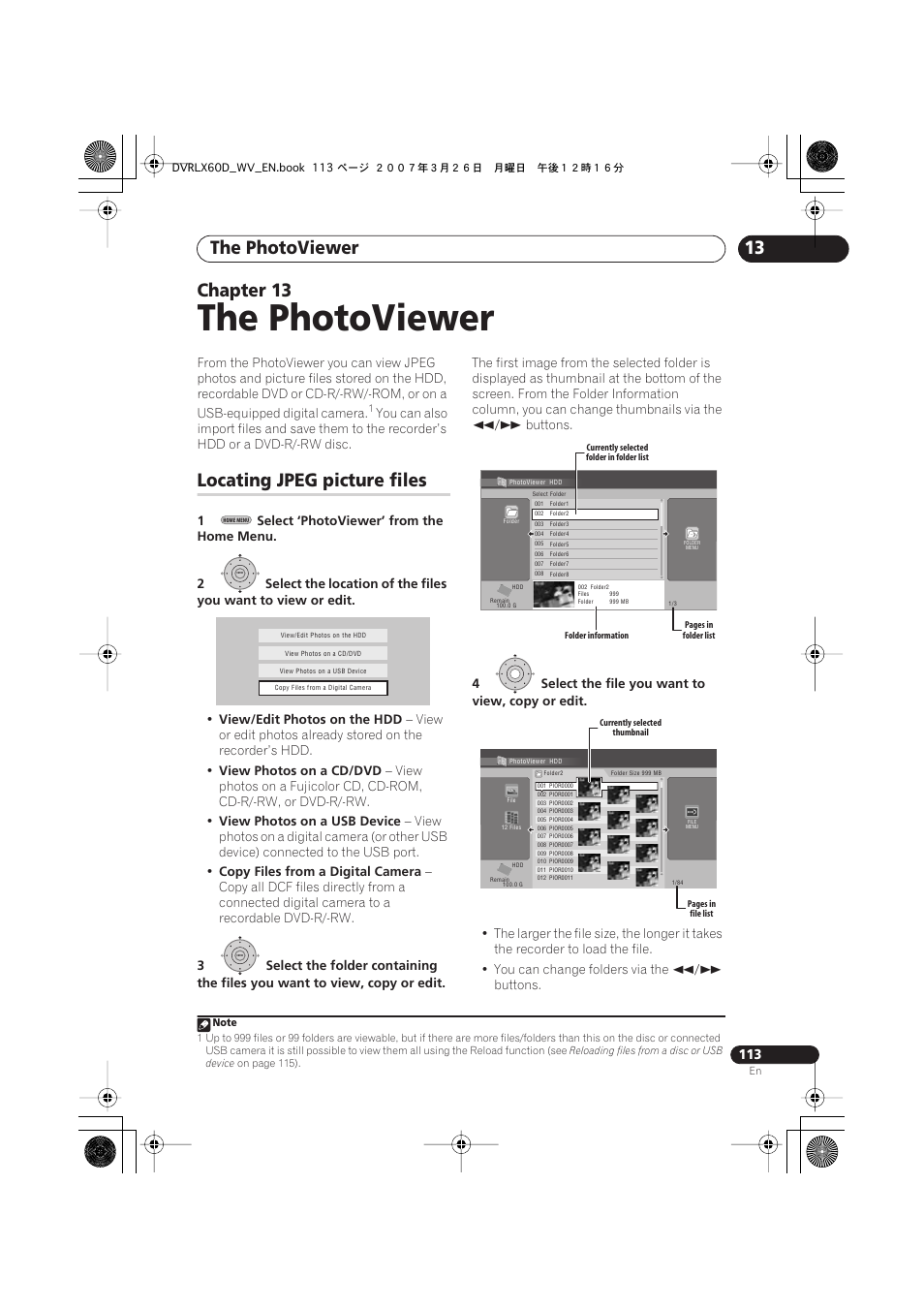 13 the photoviewer, Locating jpeg picture files, The photoviewer | 13 chapter 13 | Pioneer DVR-LX60D User Manual | Page 113 / 160