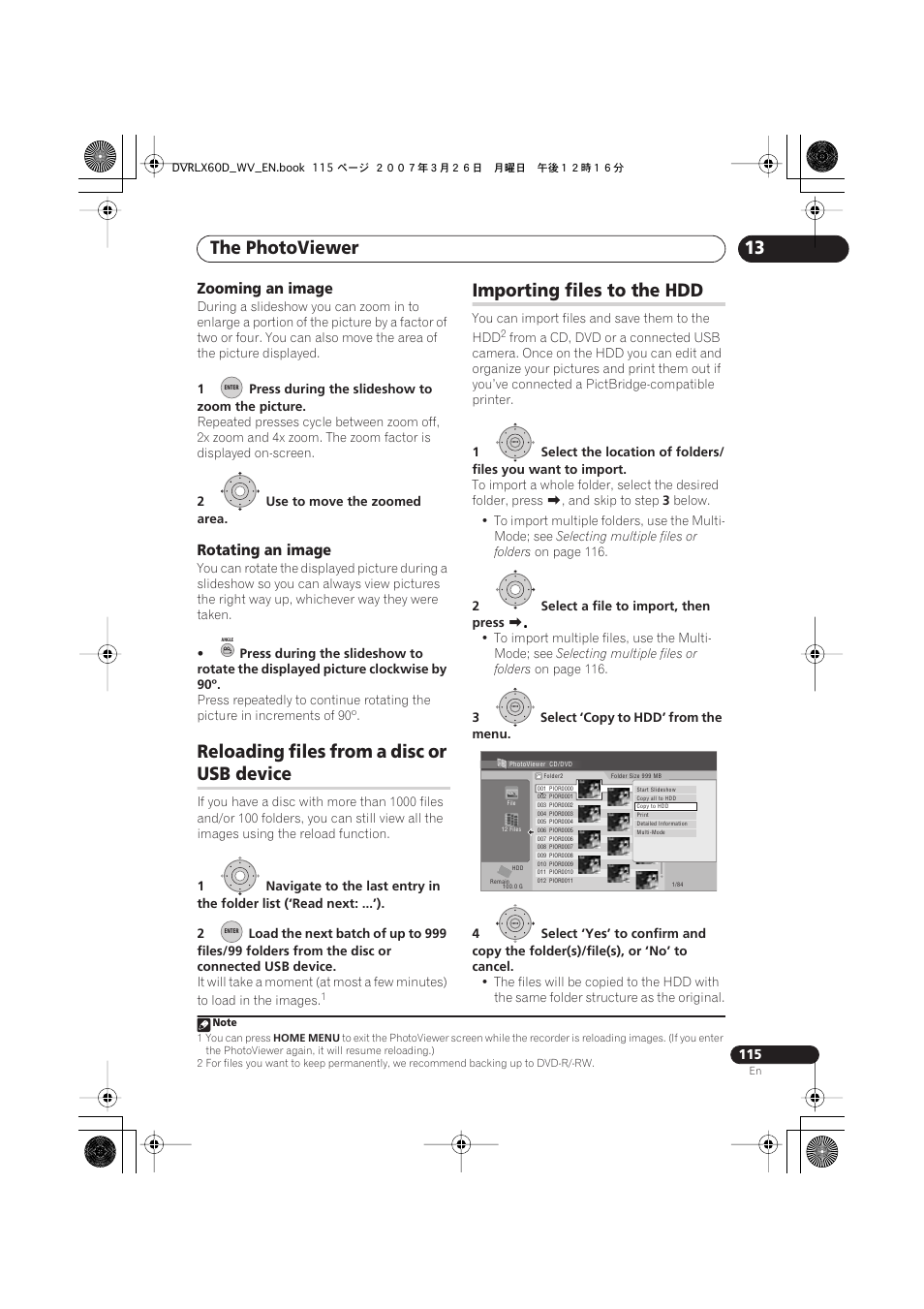 Reloading files from a disc or usb device, Importing files to the hdd, The photoviewer | Reloading files from a disc or, Usb device, Zooming an image, Rotating an image | Pioneer DVR-LX60D User Manual | Page 115 / 160