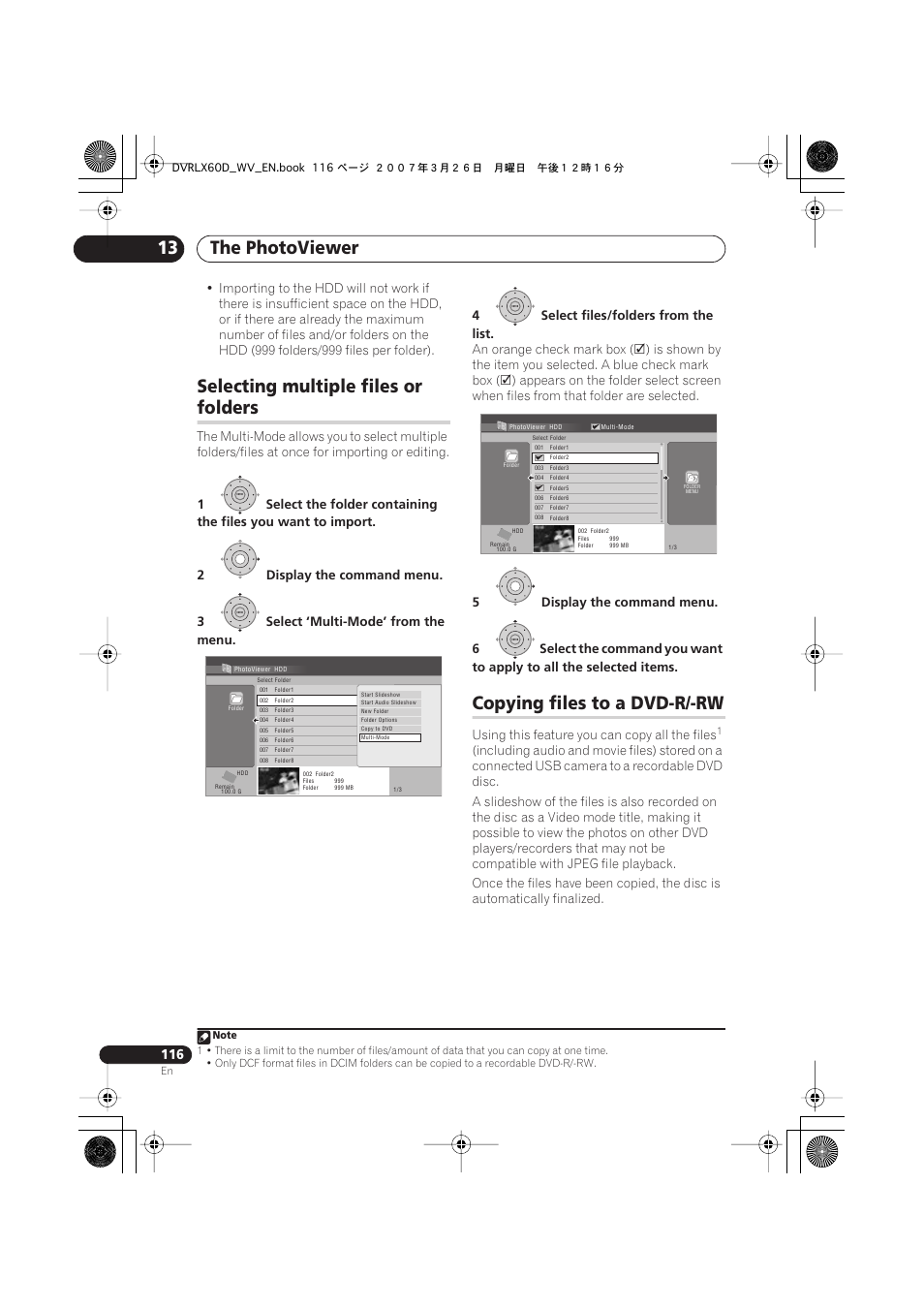 Selecting multiple files or folders, Copying files to a dvd-r/-rw, The photoviewer 13 | Selecting multiple files or, Folders | Pioneer DVR-LX60D User Manual | Page 116 / 160