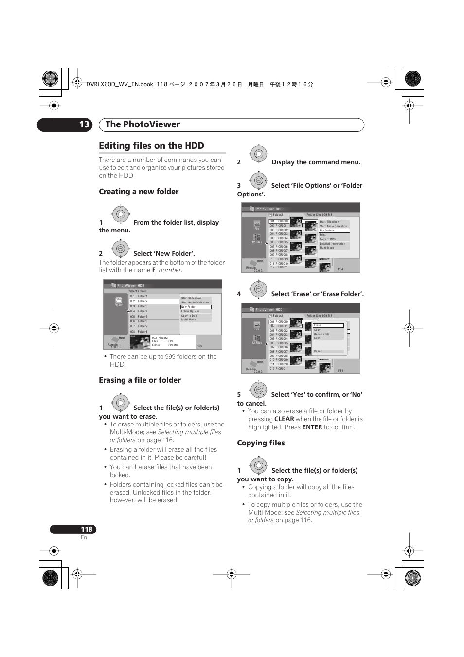 Editing files on the hdd, The photoviewer 13, Creating a new folder | Erasing a file or folder, Copying files | Pioneer DVR-LX60D User Manual | Page 118 / 160