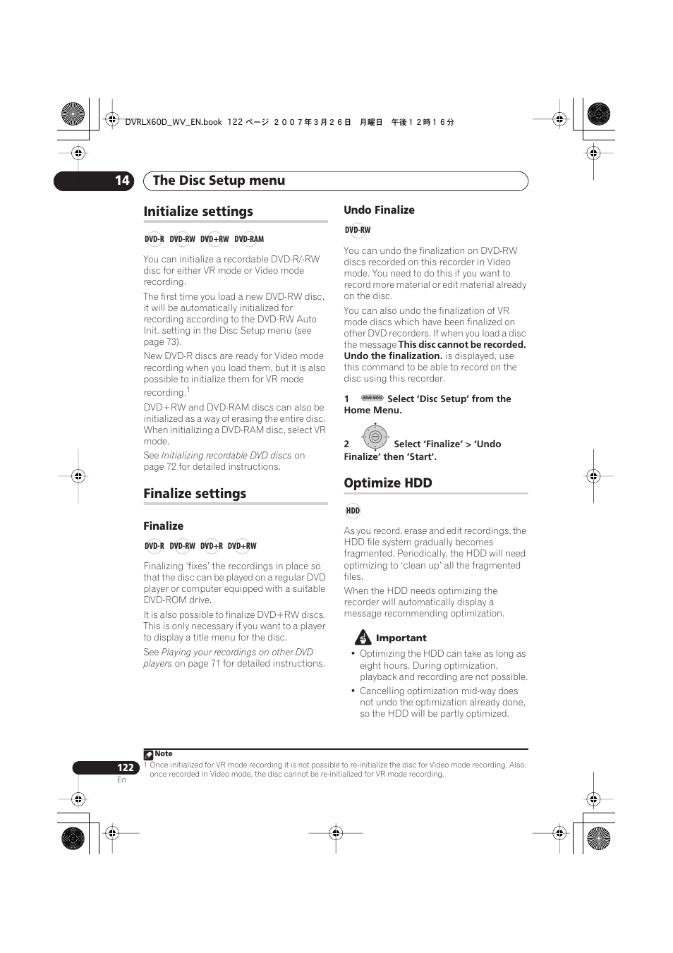 Initialize settings, Finalize settings, Optimize hdd | The disc setup menu 14 | Pioneer DVR-LX60D User Manual | Page 122 / 160