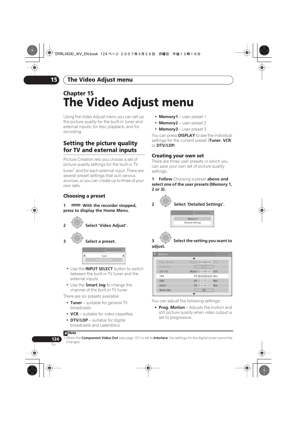 15 the video adjust menu, The video adjust menu, The video adjust menu 15 | Chapter 15, Setting the picture quality, For tv and external inputs, Choosing a preset, Creating your own set | Pioneer DVR-LX60D User Manual | Page 124 / 160