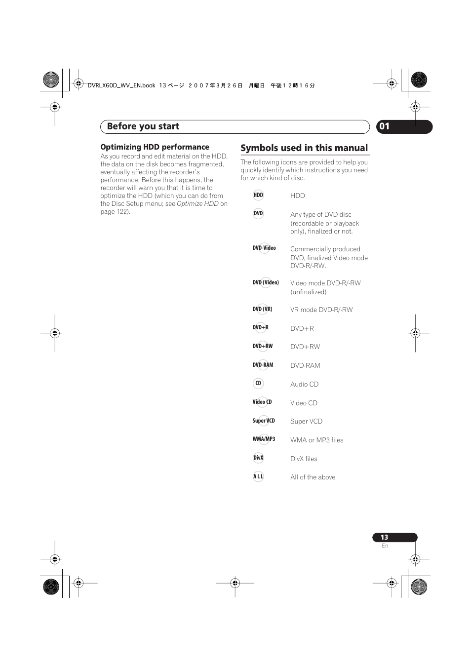 Symbols used in this manual, Before you start | Pioneer DVR-LX60D User Manual | Page 13 / 160
