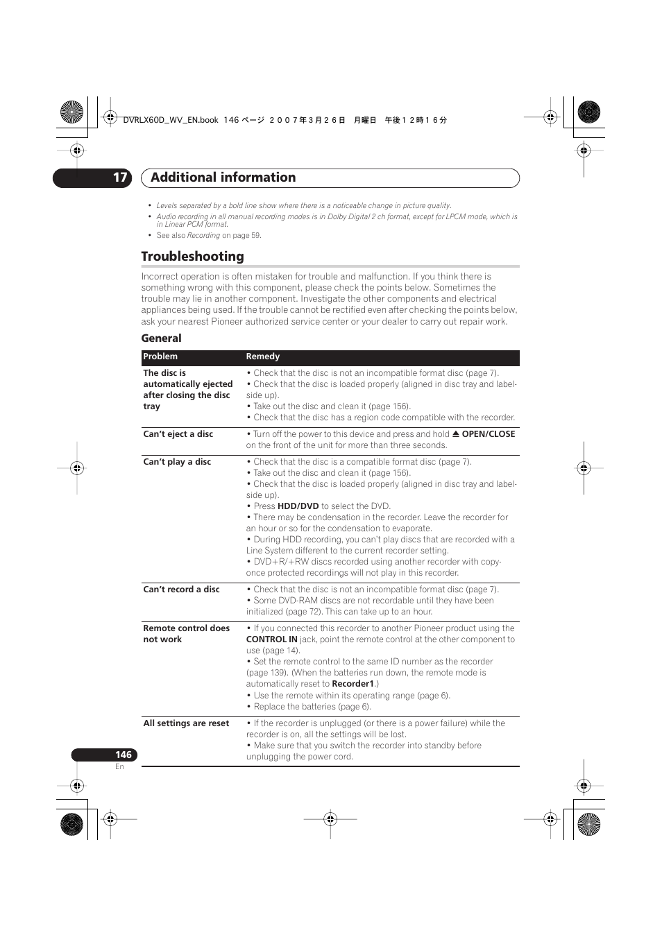 Troubleshooting, Additional information 17, General | Pioneer DVR-LX60D User Manual | Page 146 / 160