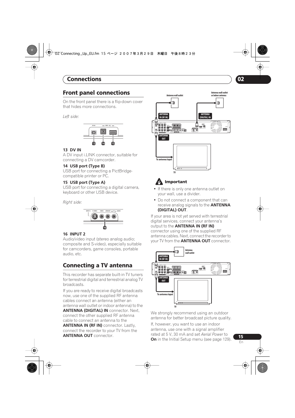 Front panel connections, Connecting a tv antenna, Connections | 02 front panel connections, Coaxial | Pioneer DVR-LX60D User Manual | Page 15 / 160