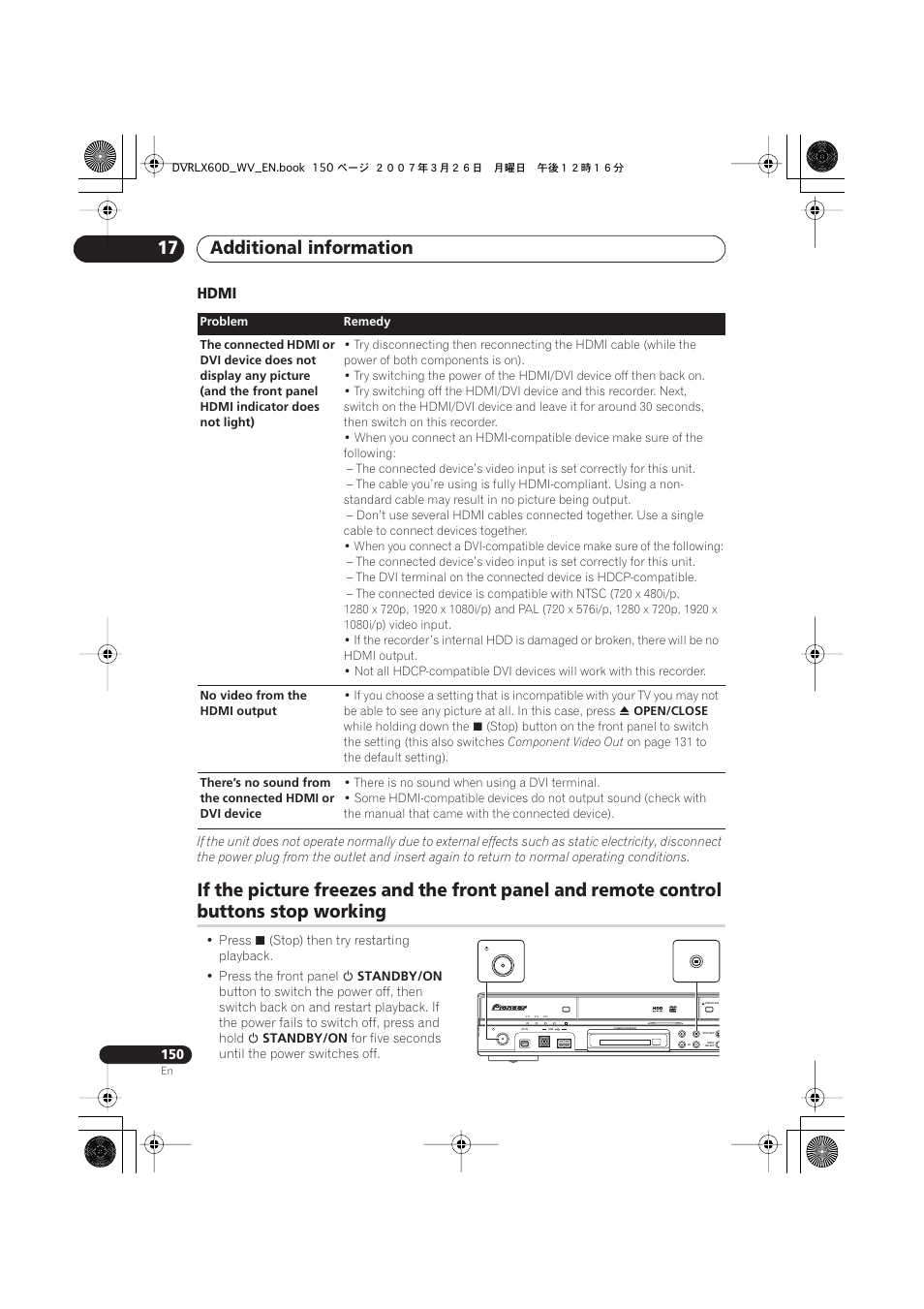 Additional information 17, Buttons stop working, Hdmi | Pioneer DVR-LX60D User Manual | Page 150 / 160