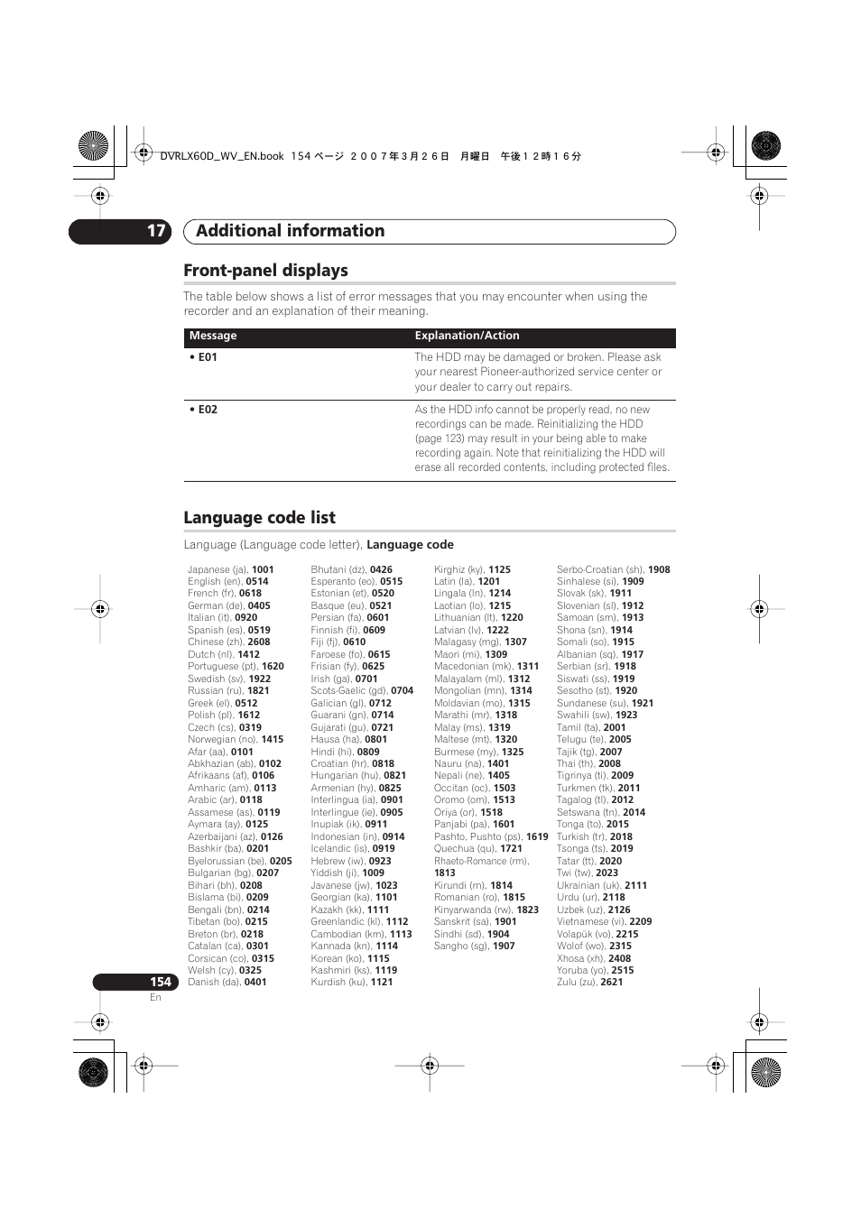 Front-panel displays, Language code list, Additional information 17 | Pioneer DVR-LX60D User Manual | Page 154 / 160