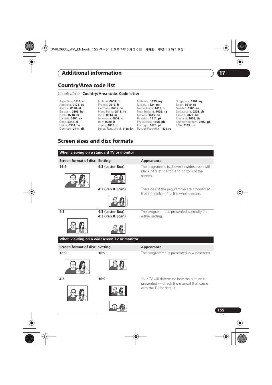 Country/area code list, Screen sizes and disc formats, Additional information | Pioneer DVR-LX60D User Manual | Page 155 / 160