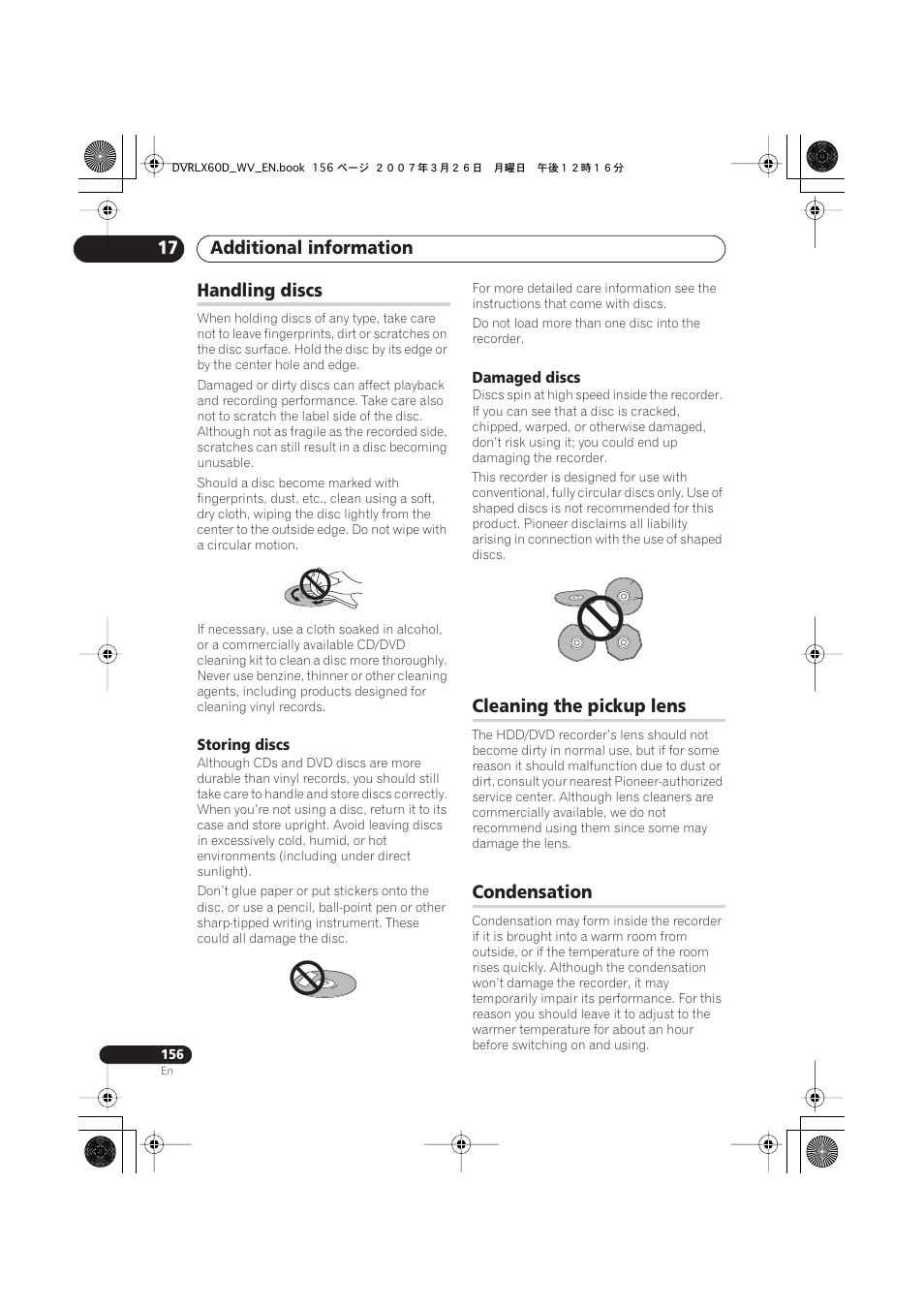 Handling discs, Cleaning the pickup lens, Condensation | Additional information 17 | Pioneer DVR-LX60D User Manual | Page 156 / 160