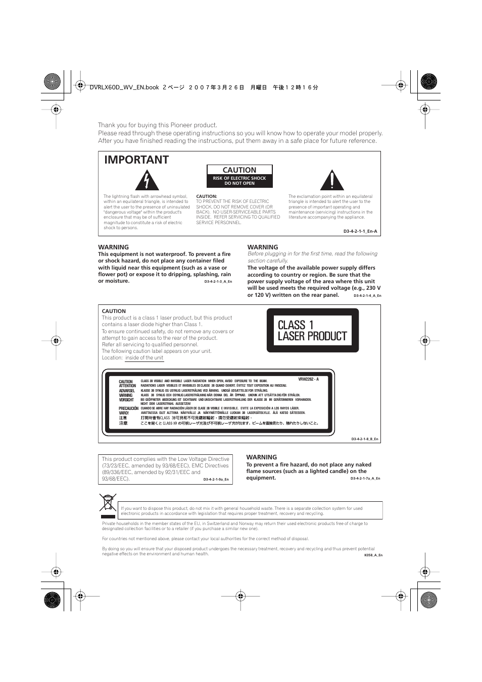 Important, Caution | Pioneer DVR-LX60D User Manual | Page 2 / 160