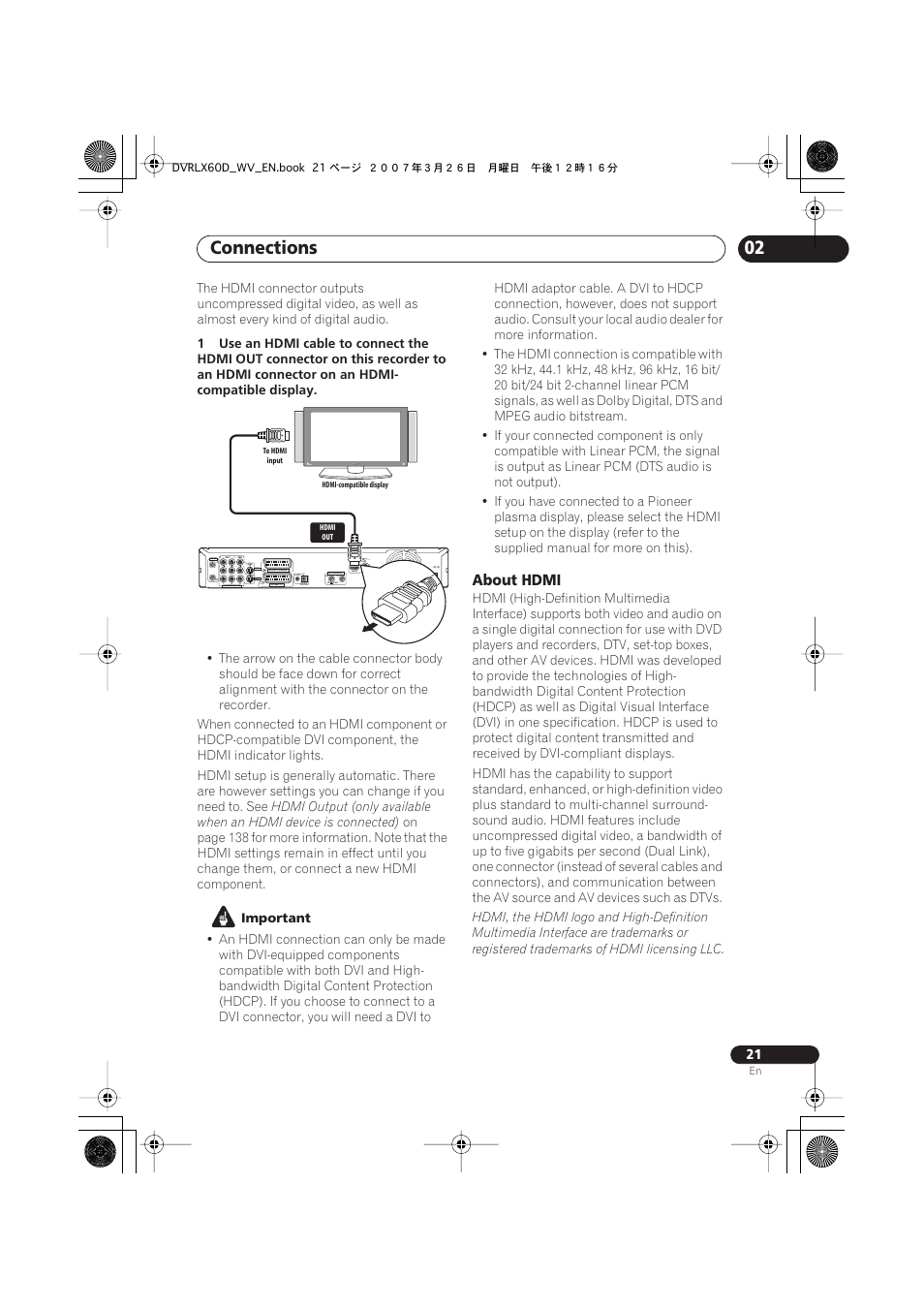 Connections, About hdmi, Coaxial | Important | Pioneer DVR-LX60D User Manual | Page 21 / 160