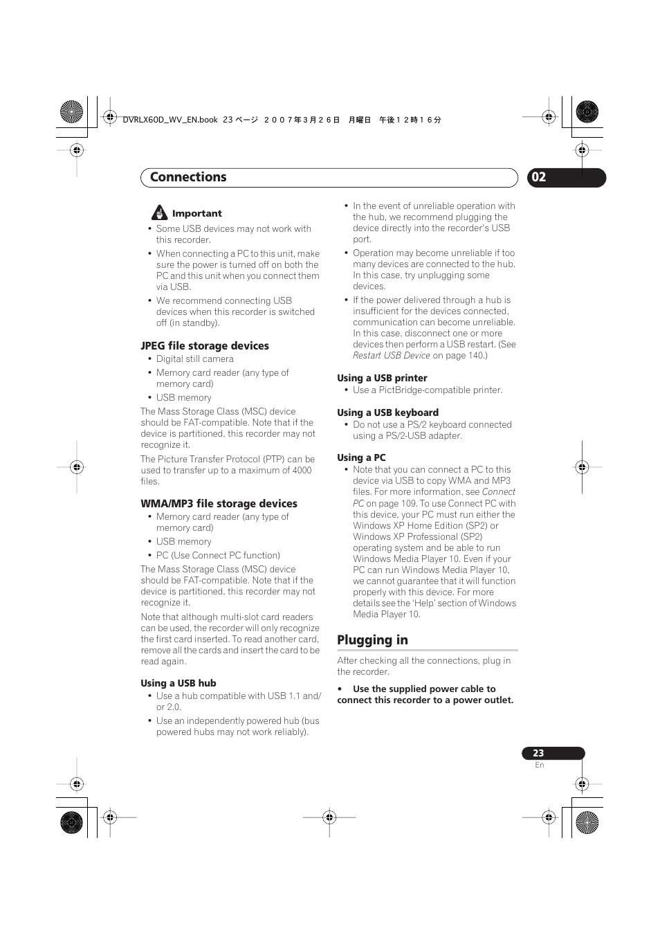 Plugging in, Connections | Pioneer DVR-LX60D User Manual | Page 23 / 160