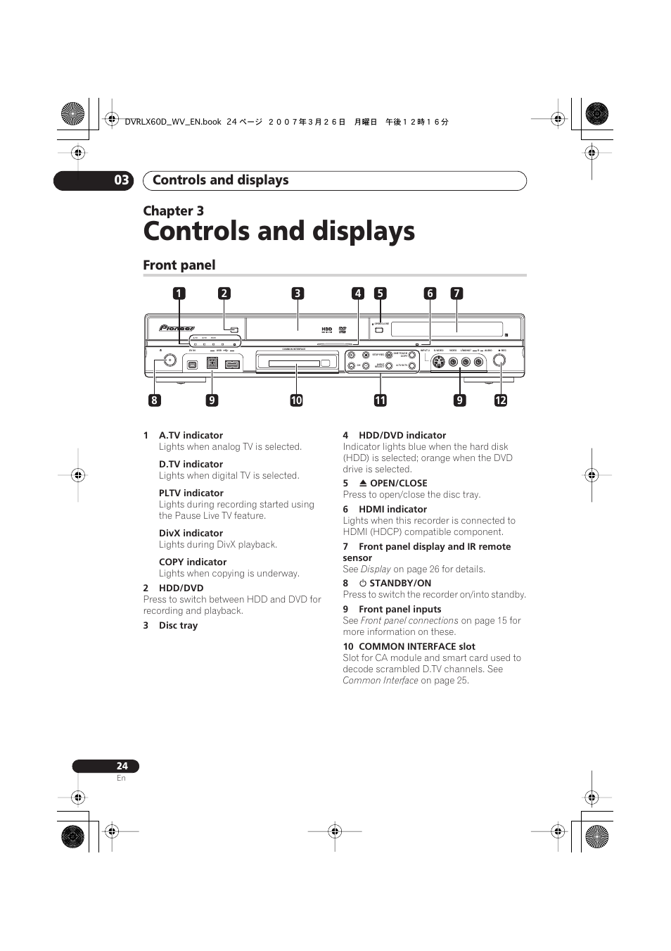 03 controls and displays, Front panel, Controls and displays | Controls and displays 03, Chapter 3 | Pioneer DVR-LX60D User Manual | Page 24 / 160