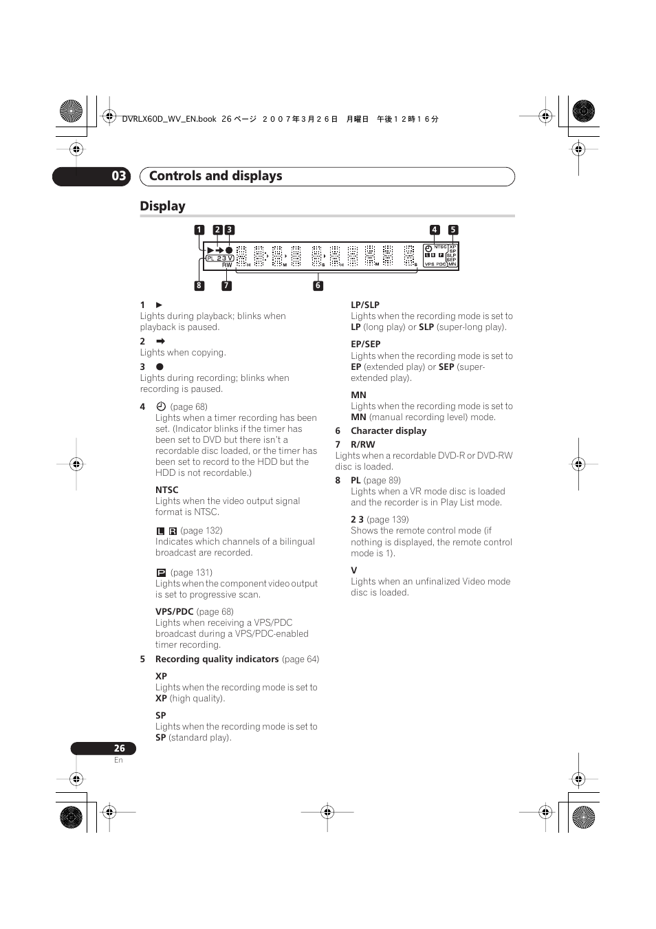 Display, Controls and displays 03 | Pioneer DVR-LX60D User Manual | Page 26 / 160