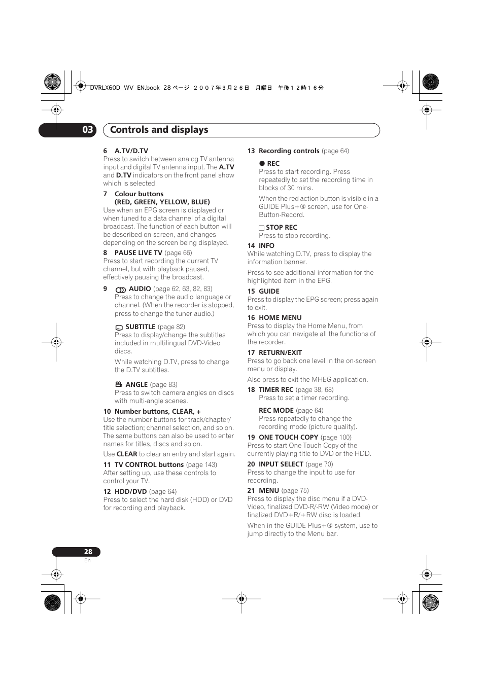Controls and displays 03 | Pioneer DVR-LX60D User Manual | Page 28 / 160