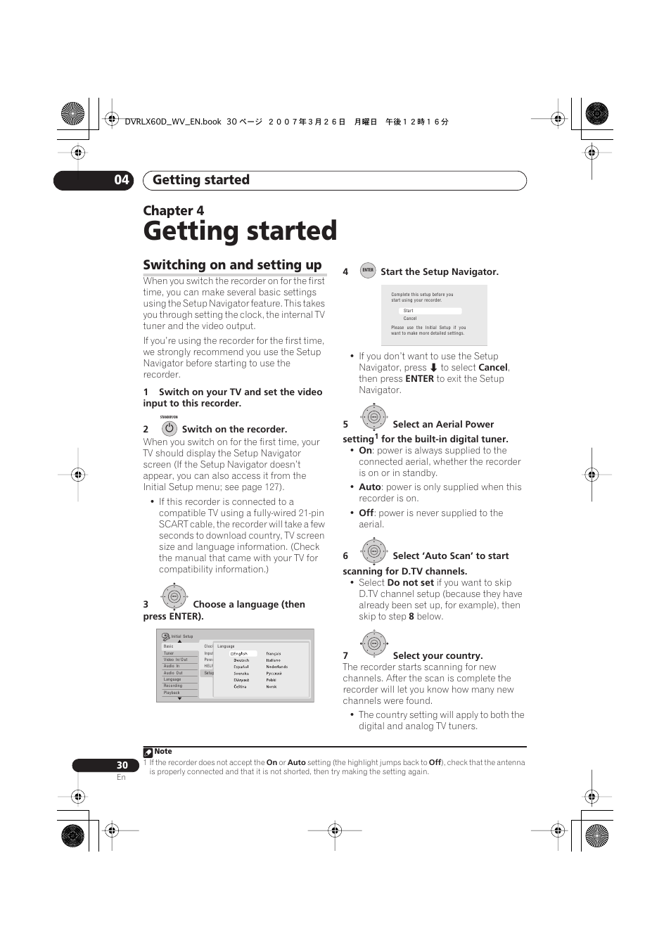 04 getting started, Switching on and setting up, Getting started | Getting started 04, Chapter 4 | Pioneer DVR-LX60D User Manual | Page 30 / 160