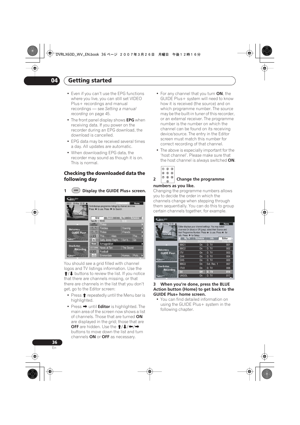 Getting started 04, Checking the downloaded data the following day | Pioneer DVR-LX60D User Manual | Page 36 / 160