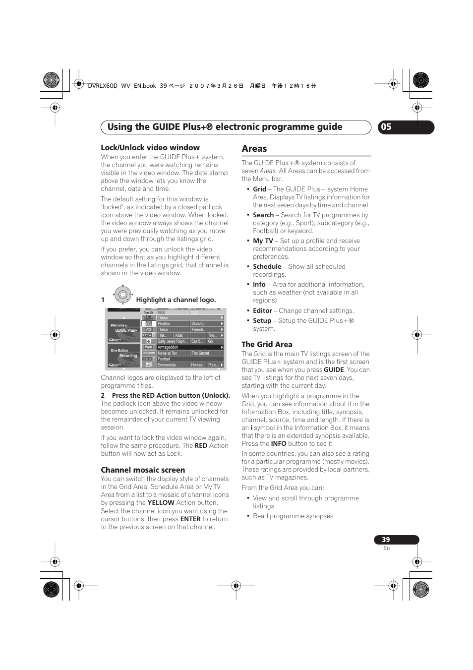 Areas, Using the guide plus+® electronic programme guide | Pioneer DVR-LX60D User Manual | Page 39 / 160