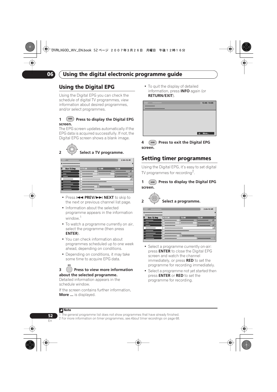 Using the digital epg, Setting timer programmes, Using the digital electronic programme guide 06 | Pioneer DVR-LX60D User Manual | Page 52 / 160