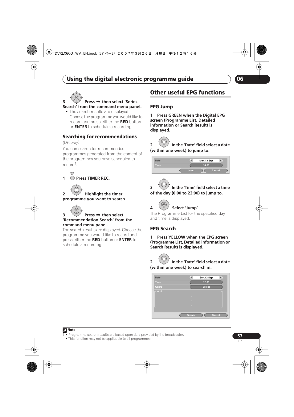 Other useful epg functions, Using the digital electronic programme guide, Searching for recommendations | Epg jump, Epg search | Pioneer DVR-LX60D User Manual | Page 57 / 160