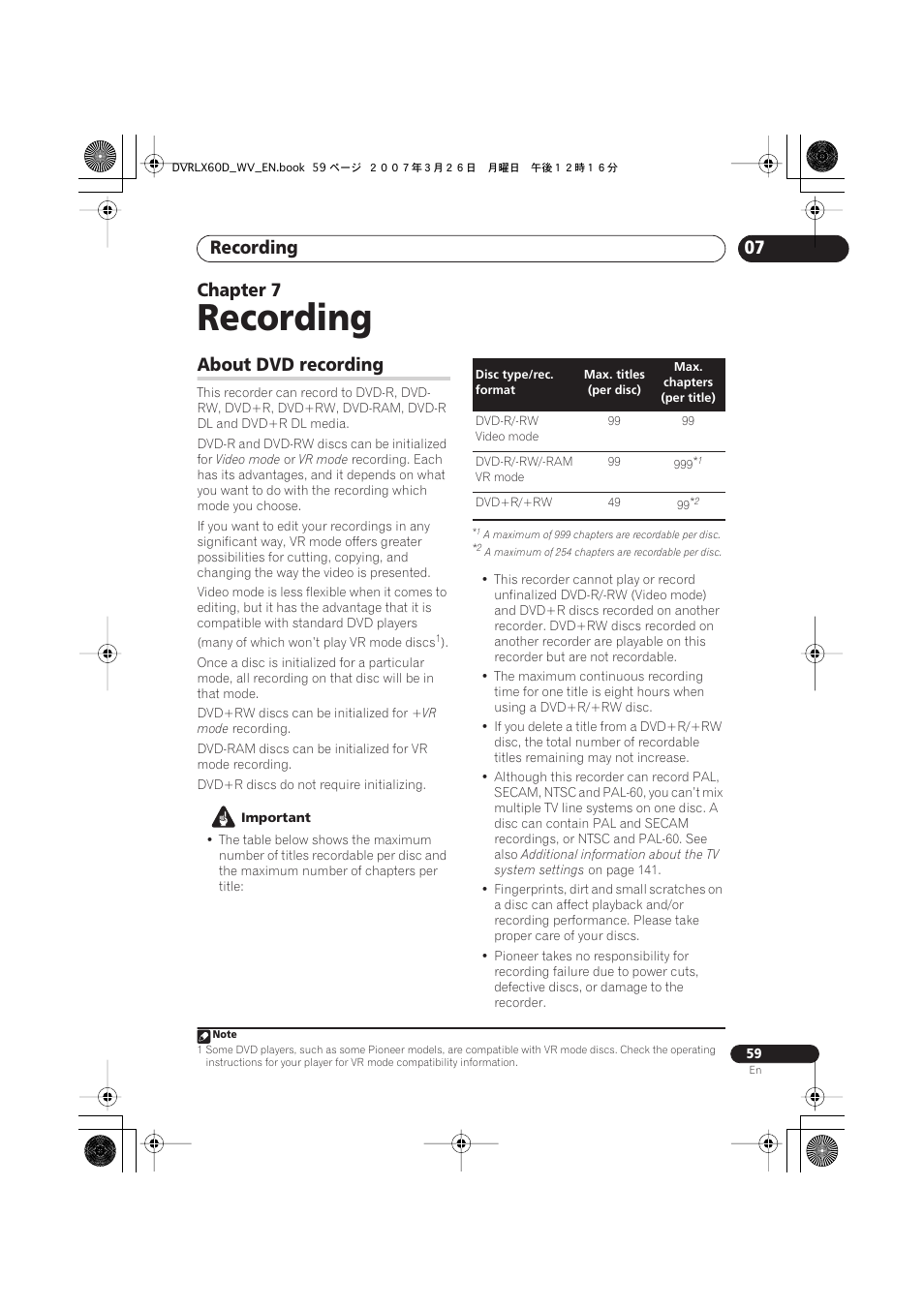 07 recording, About dvd recording, Recording | 07 chapter 7 | Pioneer DVR-LX60D User Manual | Page 59 / 160