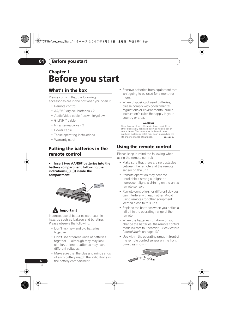 01 before you start, What’s in the box, Putting the batteries in the remote control | Using the remote control, Before you start, Before you start 01, Chapter 1 | Pioneer DVR-LX60D User Manual | Page 6 / 160