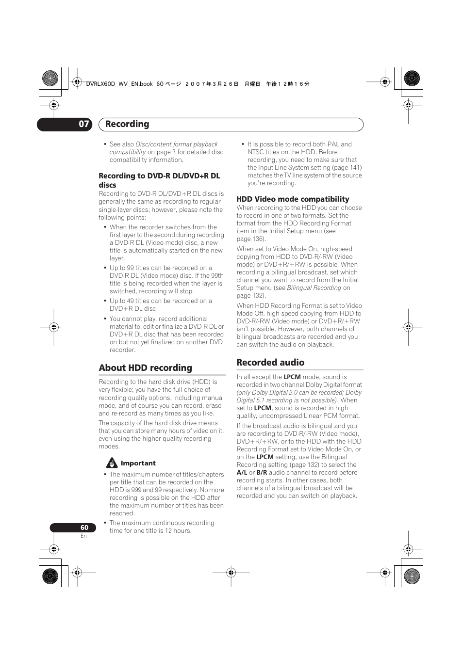 About hdd recording, Recorded audio, Recording 07 | Pioneer DVR-LX60D User Manual | Page 60 / 160