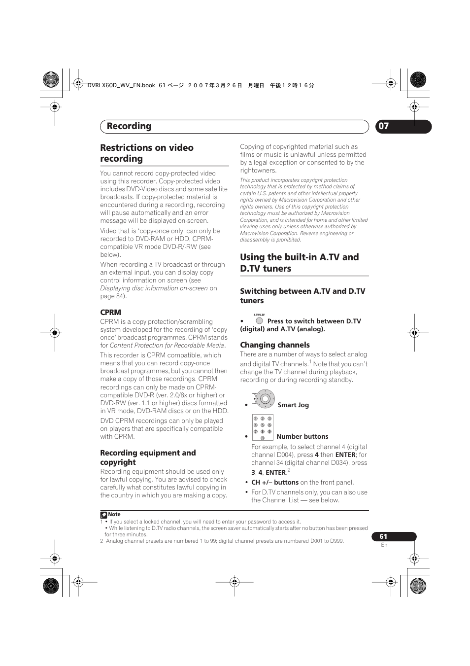 Restrictions on video recording, Using the built-in a.tv and d.tv tuners, Recording | 07 restrictions on video, Using the built-in a.tv and, D.tv tuners | Pioneer DVR-LX60D User Manual | Page 61 / 160