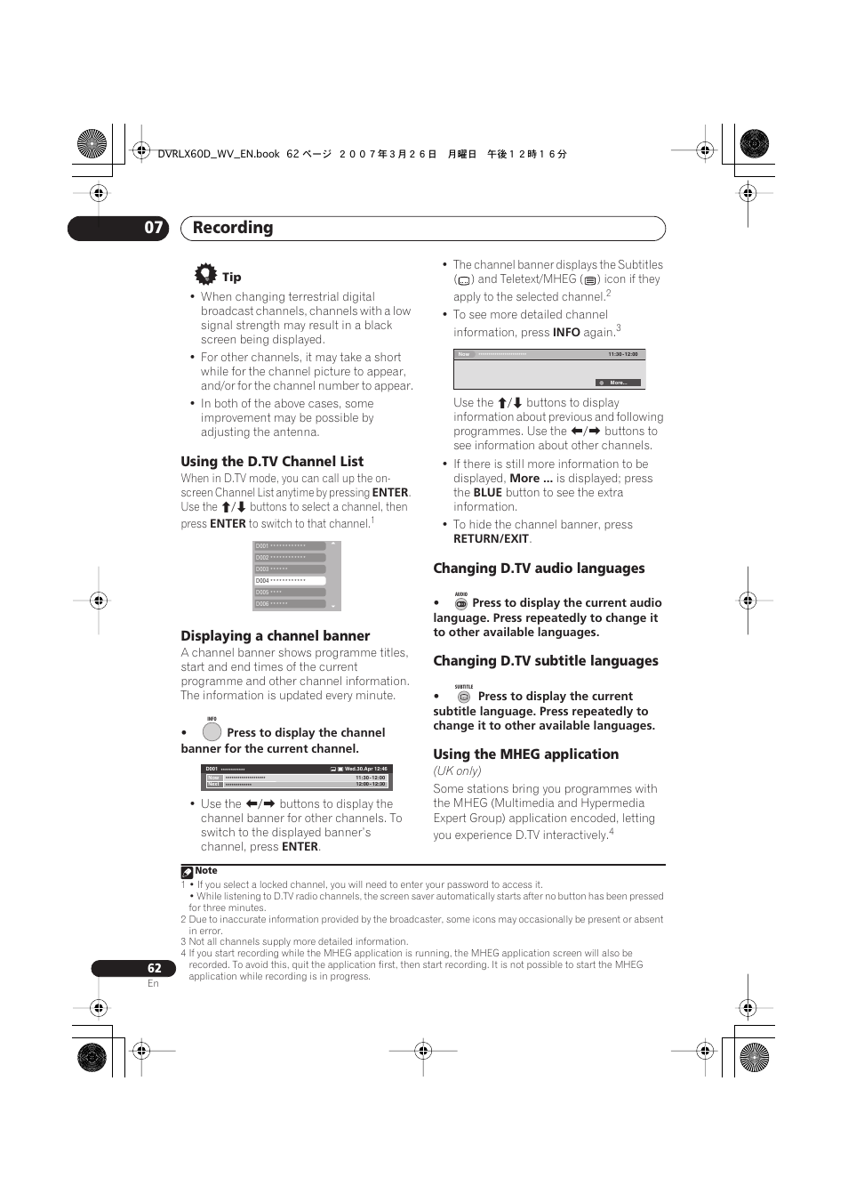 Recording 07, Using the d.tv channel list, Displaying a channel banner | Changing d.tv audio languages, Changing d.tv subtitle languages, Using the mheg application | Pioneer DVR-LX60D User Manual | Page 62 / 160