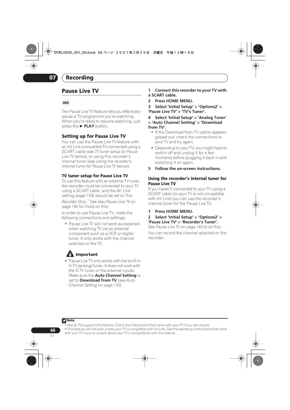 Pause live tv, Recording 07 | Pioneer DVR-LX60D User Manual | Page 66 / 160