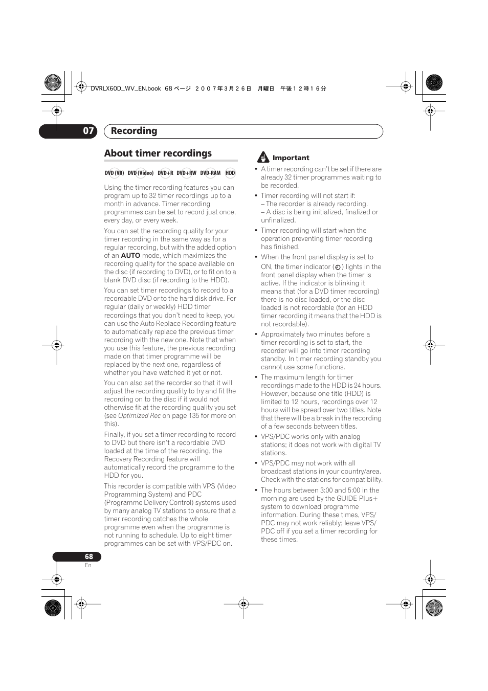 About timer recordings, Recording 07 | Pioneer DVR-LX60D User Manual | Page 68 / 160