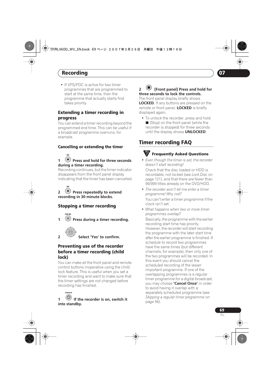 Timer recording faq, Recording | Pioneer DVR-LX60D User Manual | Page 69 / 160