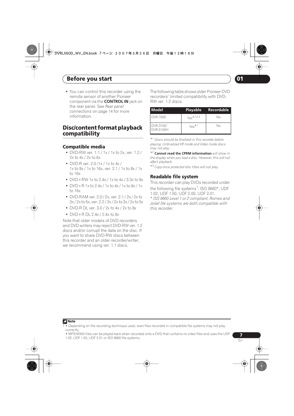 Disc/content format playback compatibility, Before you start, Disc/content format playback | Compatibility, Compatible media, Readable file system | Pioneer DVR-LX60D User Manual | Page 7 / 160