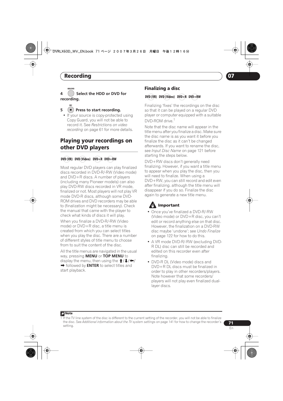 Playing your recordings on other dvd players, Recording, Playing your recordings on | Other dvd players | Pioneer DVR-LX60D User Manual | Page 71 / 160