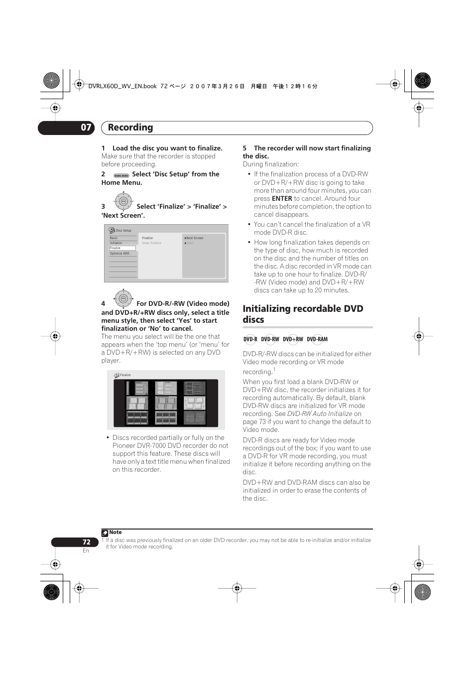 Initializing recordable dvd discs, Recording 07, Initializing recordable dvd | Discs | Pioneer DVR-LX60D User Manual | Page 72 / 160