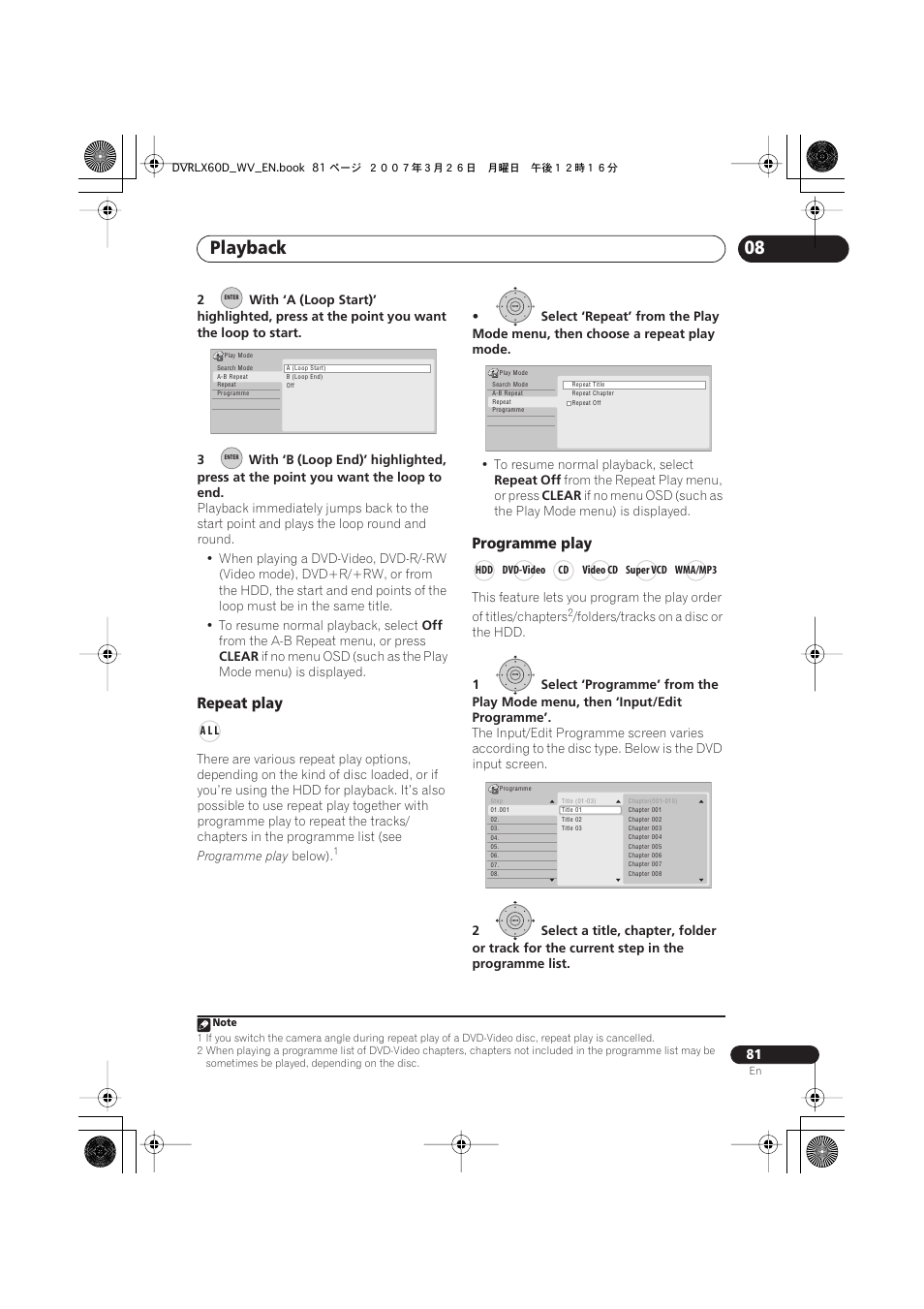 Playback, Repeat play, Programme play | Pioneer DVR-LX60D User Manual | Page 81 / 160