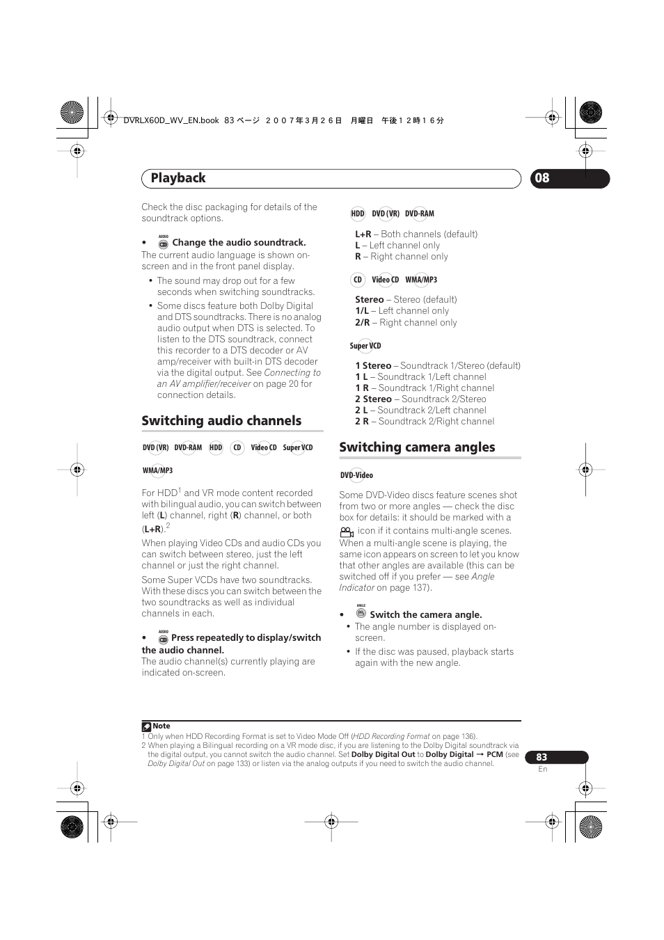 Switching audio channels, Switching camera angles, Playback | Pioneer DVR-LX60D User Manual | Page 83 / 160