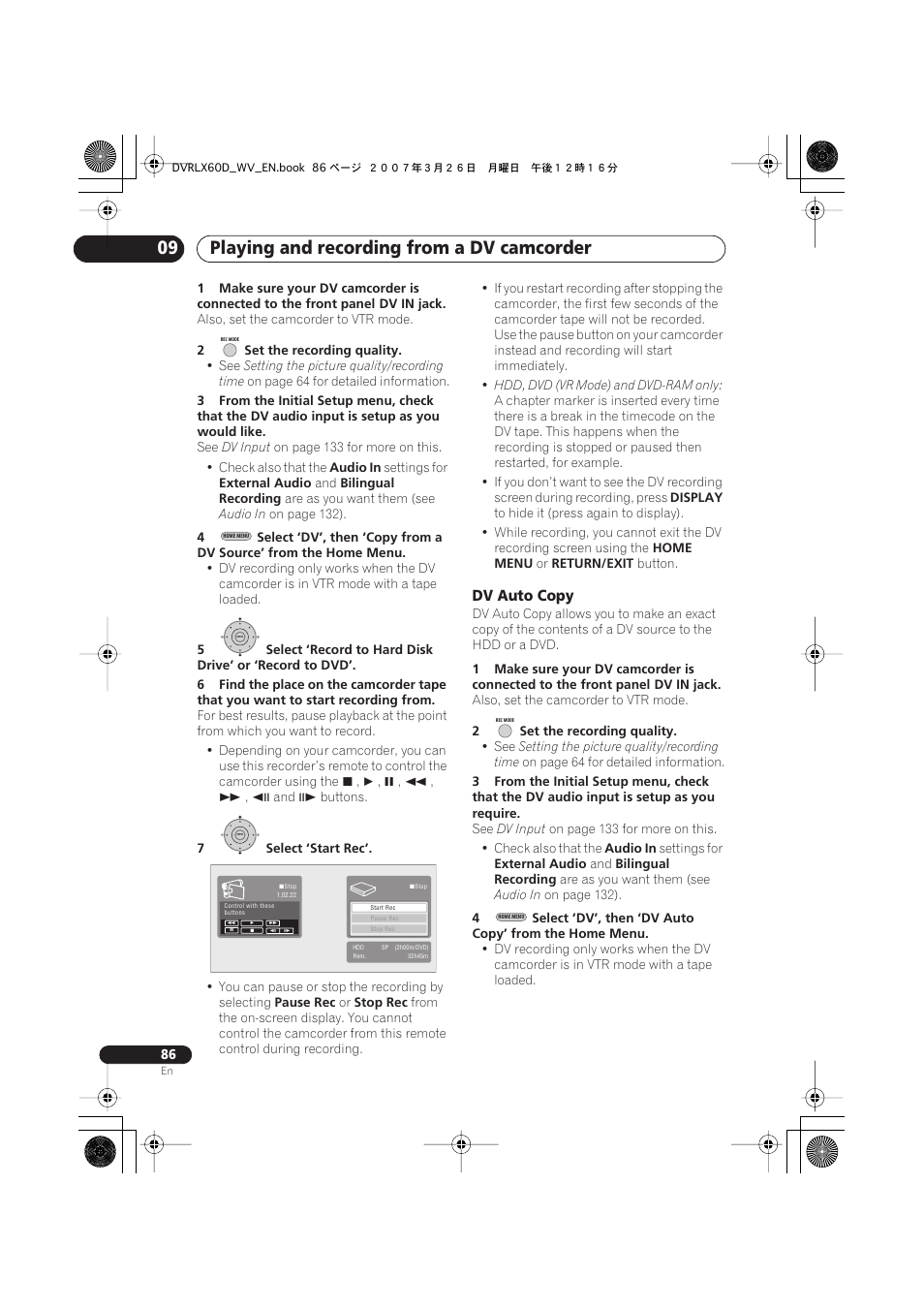 Playing and recording from a dv camcorder 09 | Pioneer DVR-LX60D User Manual | Page 86 / 160