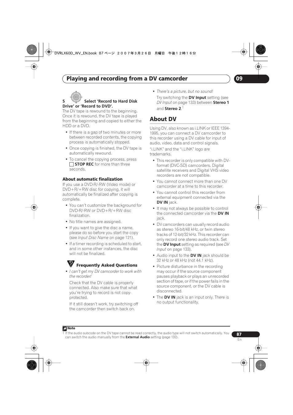 About dv, Playing and recording from a dv camcorder | Pioneer DVR-LX60D User Manual | Page 87 / 160