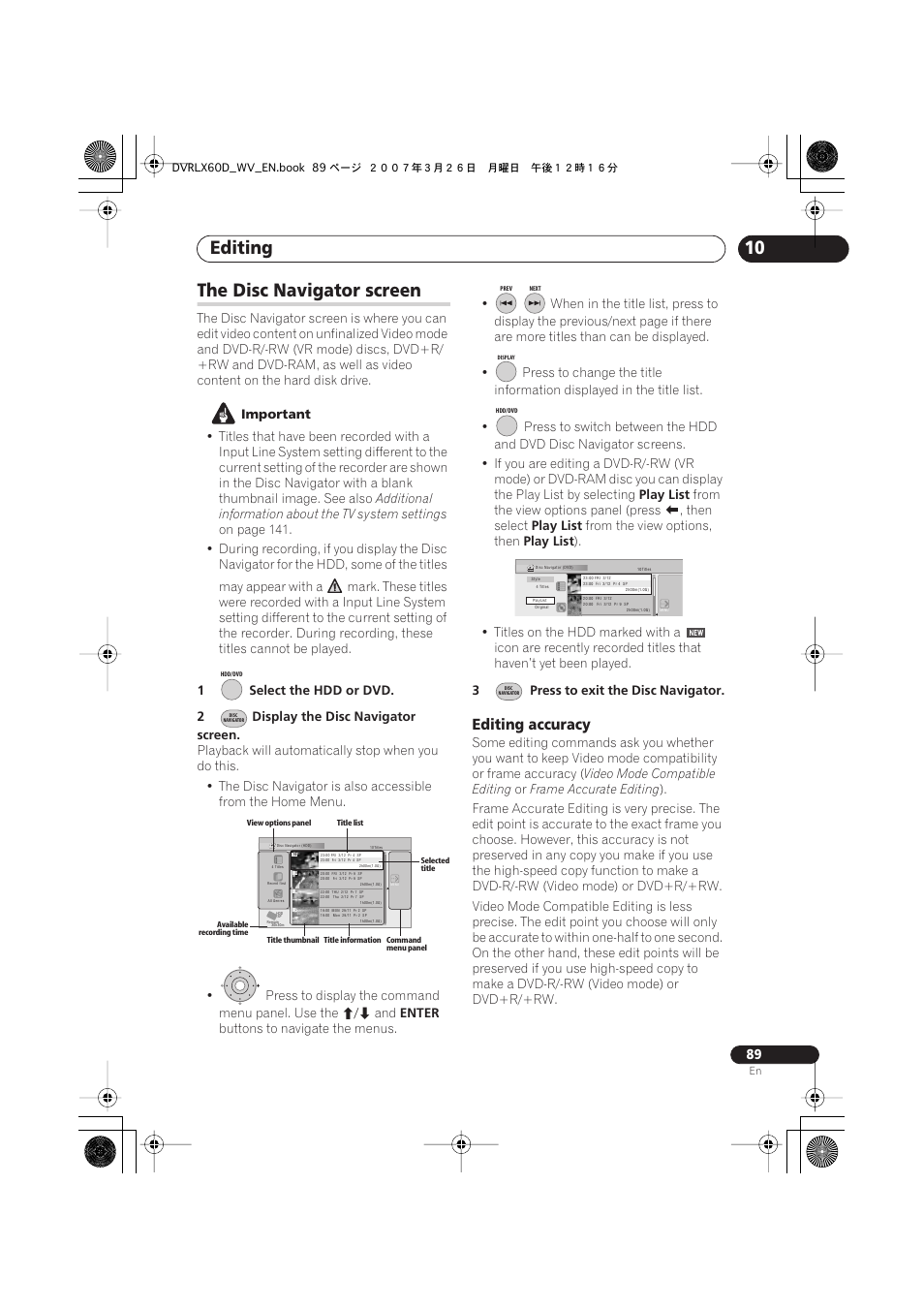 The disc navigator screen, Editing, Editing accuracy | Pioneer DVR-LX60D User Manual | Page 89 / 160