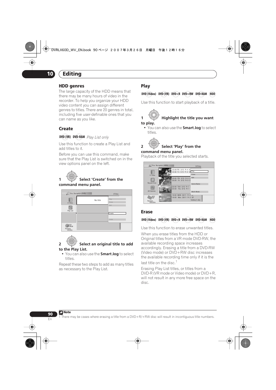 Editing 10, Hdd genres, Create | Play, Erase | Pioneer DVR-LX60D User Manual | Page 90 / 160