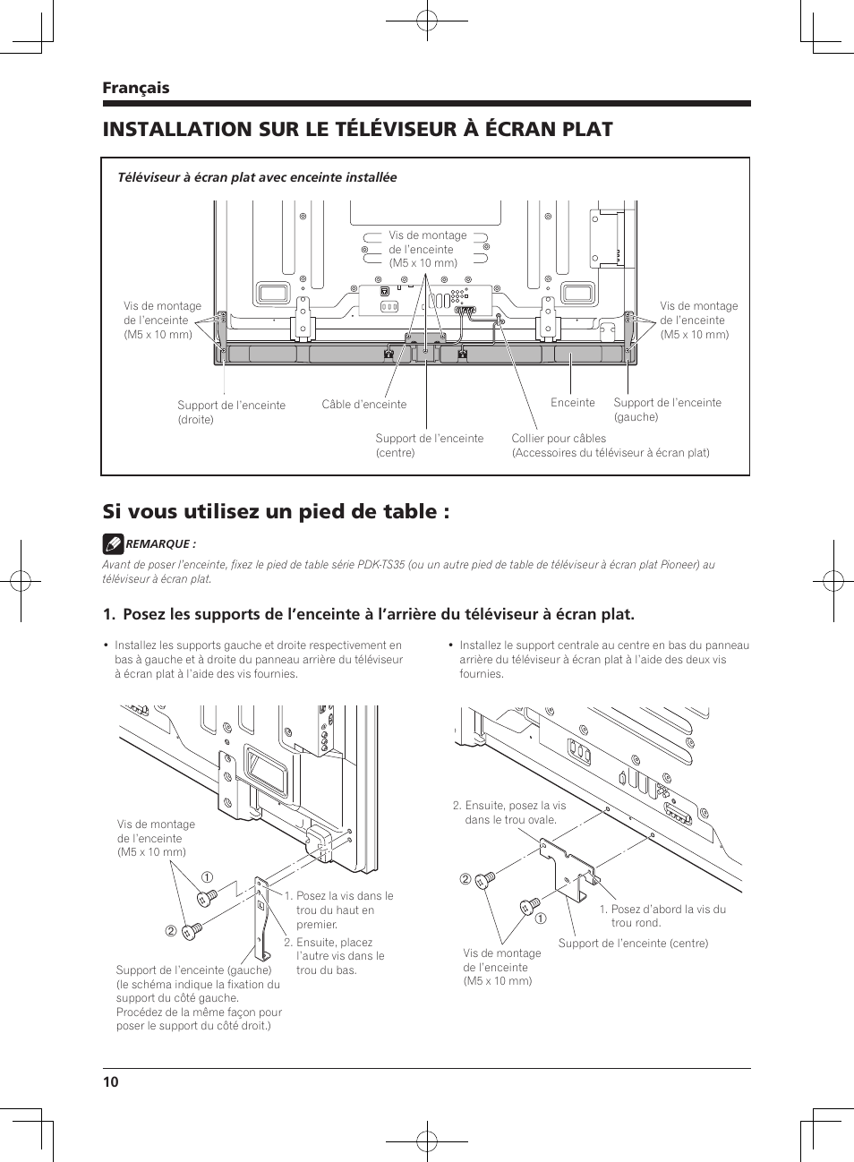 Installation sur le téléviseur à écran plat, Si vous utilisez un pied de table, Français | Pioneer KURO PDP-S65 User Manual | Page 10 / 58