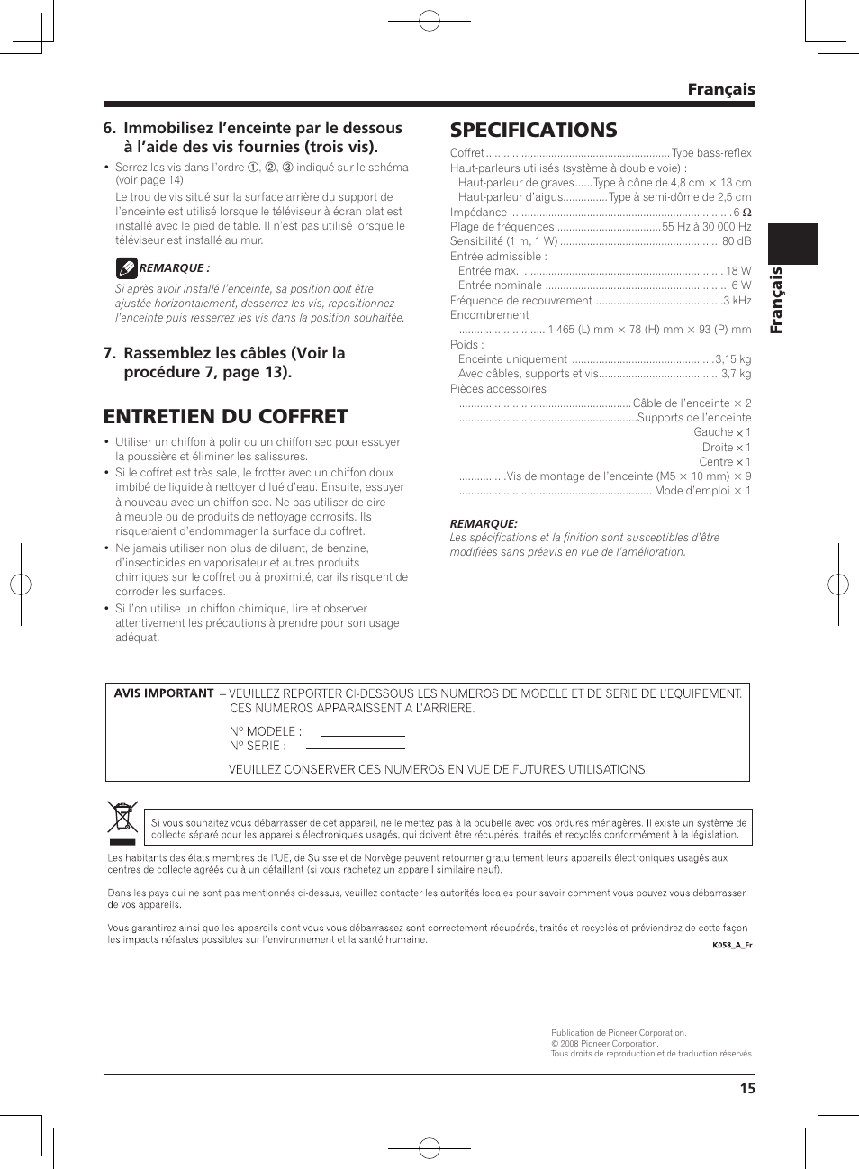 Entretien du coffret, Specifications, Français | Pioneer KURO PDP-S65 User Manual | Page 15 / 58