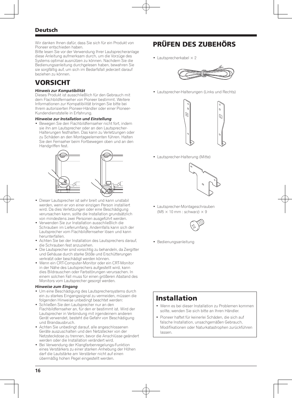 Vorsicht, Prüfen des zubehörs, Installation | Deutsch | Pioneer KURO PDP-S65 User Manual | Page 16 / 58