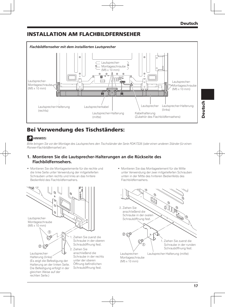 Installation am flachbildfernseher, Bei verwendung des tischständers, Deutsch | Pioneer KURO PDP-S65 User Manual | Page 17 / 58