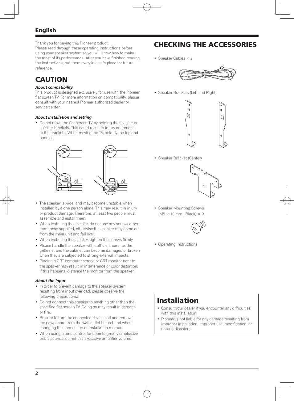 Caution, Checking the accessories, Installation | English | Pioneer KURO PDP-S65 User Manual | Page 2 / 58