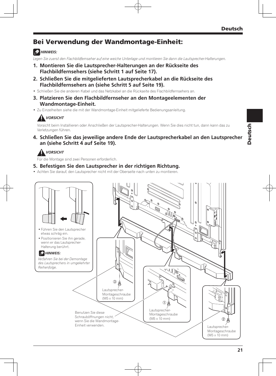 Bei verwendung der wandmontage-einheit | Pioneer KURO PDP-S65 User Manual | Page 21 / 58