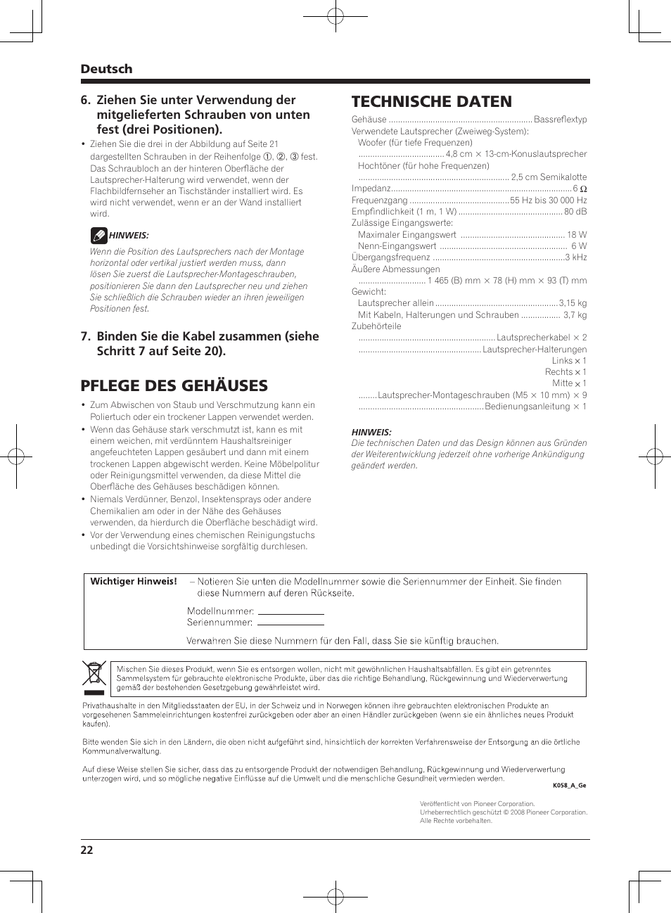 Pflege des gehäuses, Technische daten, Deutsch | Pioneer KURO PDP-S65 User Manual | Page 22 / 58